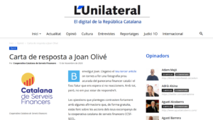 La Cooperativa respon als articles publicats per Joan Olivé al diari digital l’Unilateral